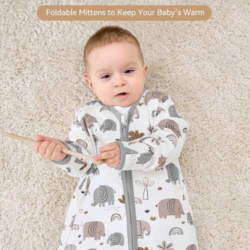 Baby Sleep Sack 0-6 Months, Long Sleeve Baby Wearable Blanket 0.5 Tog with Mittens, 2-Way Zipper Newborn Cotton Sleeping Sack for Boy and Girl Grey Elephant 2 Pack (Small)