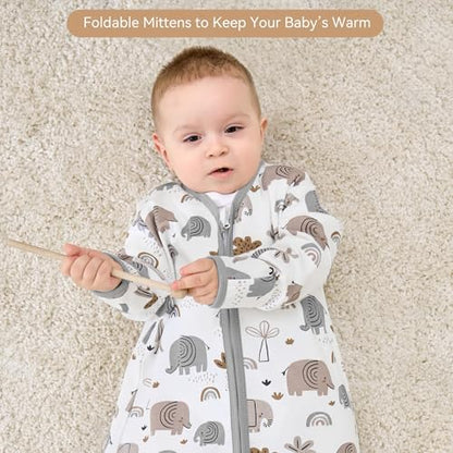 Baby Sleep Sack 0-6 Months, Long Sleeve Baby Wearable Blanket 0.5 Tog with Mittens, 2-Way Zipper Newborn Cotton Sleeping Sack for Boy and Girl Grey Elephant 2 Pack (Small)