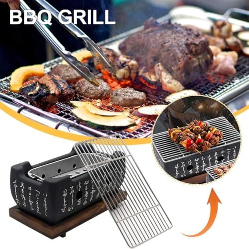 Japanese Hibachi Grill, Portable Tabletop Yakitori Charcoal Grill for Indoor Outdoor BBQ with Wooden Base & Cooking Grate 4.9x4.5x9.4in