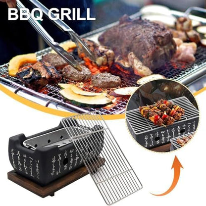 Japanese Hibachi Grill, Portable Tabletop Yakitori Charcoal Grill for Indoor Outdoor BBQ with Wooden Base & Cooking Grate 4.9x4.5x9.4in