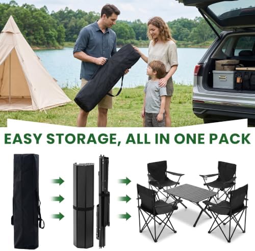 4 Pack Folding Camping Chairs with Table Set, Foldable Portable Lawn Chairs with Carry Bag & Cup Holder, Outdoor Table and Chairs for Camp,Beach, Picnics,and Fishing Supports 300LBS（Black）