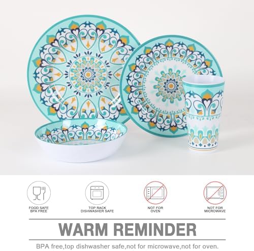 Melamine Dinnerware Set for 4-16 Pcs:Camping Dishes Set with Dinner Plates,Salad Plates,Bowls and Cups.Lightweight and Unbreakable.Indoor and Outdoor Use.