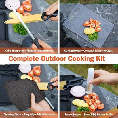 Outdoor Santoku Knife Set – 3 Titanium-Coated Knives with Grip Ring Handles, Sharpener, Cutting Board, Seasoning Bottles & Travel Case – Portable BBQ, RV & Beach Cooking Kit
