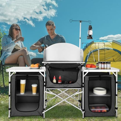 VEVOR Camping Kitchen Table, Folding Outdoor Cooking Table with Storage Carrying Bag, Aluminum Cook Station 3 Cupboard & Detachable Windscreen, Quick Set-up for Picnics, BBQ, RV Traveling, Black