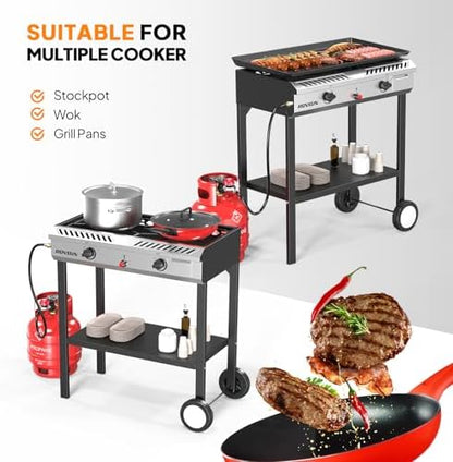 ROVSUN 2 Burner Outdoor Propane Gas Stove with Auto-ignition, Regulator & Shelf, 150,000 BTU Powerful Stand Cooker for Backyard Patio Cooking Home Brewing Canning Turkey Frying