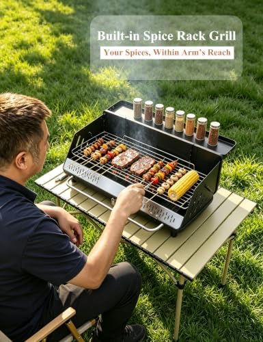 Vertical Folding BBQ Grill, Charcoal Grill with Enameled Charcoal Pan, Chrome-Plated Cooking Grid, High Stand Up Design, Portable Outdoor Barbecue for Camping Backyard Patio 4-8 Persons