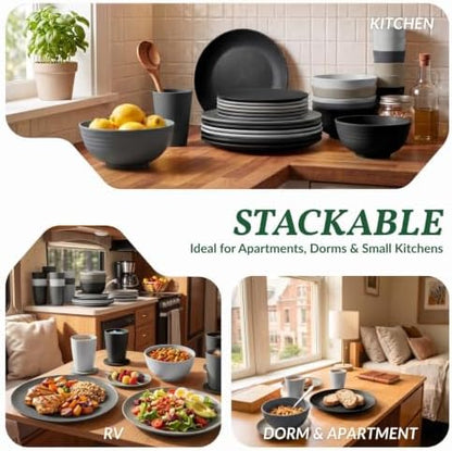 Homienly 40 PCS Kitchen Plates and Bowls Sets for 8 Wheat Straw Dinnerware Sets Microwave and Dishwasher Safe Camping Dish Set Plate Set, Kids, Reusable, Unbreakable, Lightweight-BlackGrey