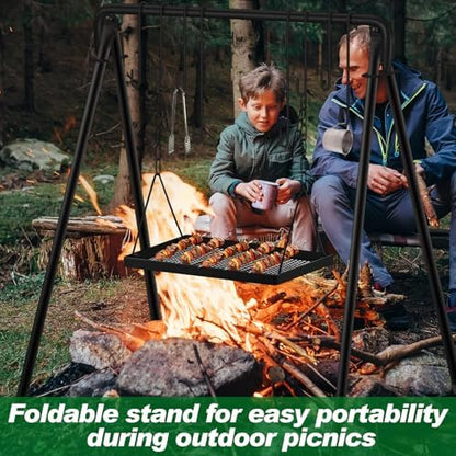 Rossesay Grill Swing Campfire Stand Campfire Cooking Equipment Adjustable Camping Accessories Cookware Hanging Rack with 8 Hooks and Portable Grill Stand for BBQ Picnic Outdoor Party