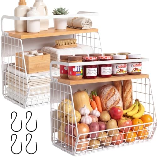 Ofiray-home Magnetic Fridge Shelf with Wood Lid, Fruit Potato Onion Storage Bins, Pantry Organizers, Large Container Spice Rack for Refrigerator, Kitchen Counter, Cabinet (2, White)
