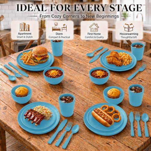 28 Piece Plates and Bowls Sets for 4, Kitchen Dinnerware Sets, Plastic