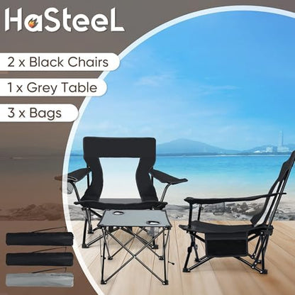 HaSteeL Low Beach Chairs, 3Pcs Folding Camping Chairs with Table - Black