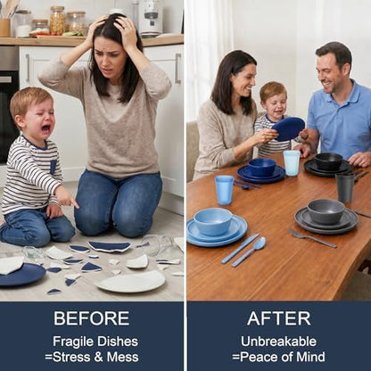 28 Piece Dinnerware Set for 4, Unbreakable Plates and Bowls Sets