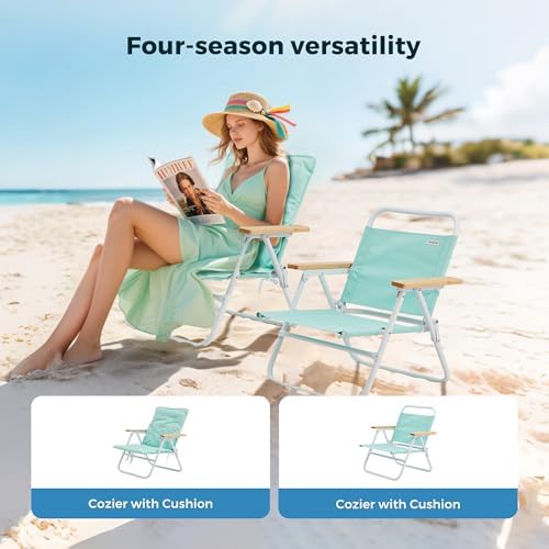 SUNNYFEEL Foldable Beach Chair, Beach Chair Backup with Wood Armrest & Cushion, Lightweight Camping Chair Heavy Duty for Beach, Camping, Lawn, Outdoor, Mint Green