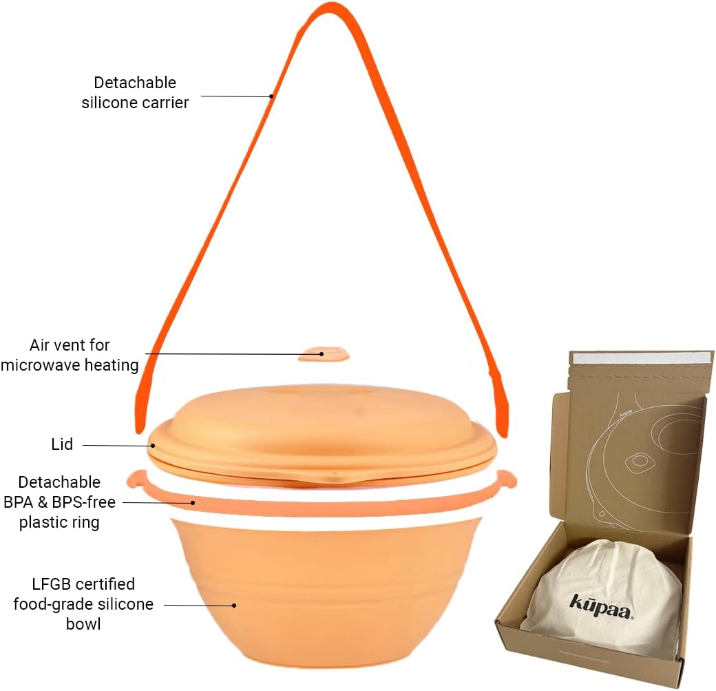kūpaa Bowl & Carrier Duet – Microwave Safe Silicone Lunch Box For Adults– Collapsible, Leakproof, Food-Grade, Reusable To-Go Container (Sunstone)