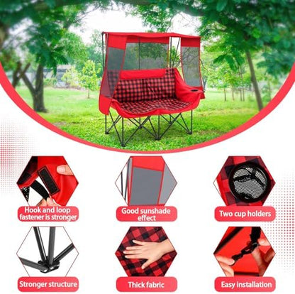 Teenyyou Double Camping Chair with Canopy 660lbs Heavy Duty, Red Plaid