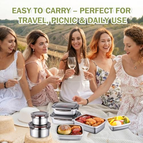 8 Pcs 304 Stainless Steel Food Storage Containers with Lids Leakproof, Reusable Airtight Meal Preparation Container Round and Square Stackable Food Container for Kitchen Picnic(Black Lids)