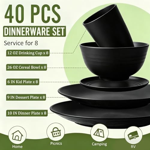 Kitchen Wheat Straw Dinnerware Set 40 PCS Dishes Sets for 8 Plastic Plates Reusable Dinner Plates Cereal Bowls Small Cups Dishwasher & Microwave Safe Unbreakable Dish Set for Picnic RV-Black