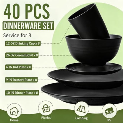 Kitchen Wheat Straw Dinnerware Set 40 PCS Dishes Sets for 8 Plastic Plates Reusable Dinner Plates Cereal Bowls Small Cups Dishwasher & Microwave Safe Unbreakable Dish Set for Picnic RV-Black