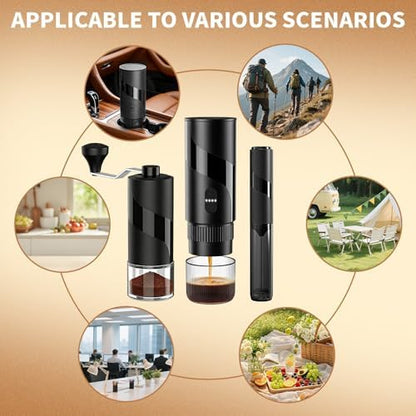 Portable Coffee Maker Set - Travel Coffee Maker, Electric Espresso Machine for Camping, Travel, Car, RV, Hiking, with Ground Coffee & Capsule Accessories, Milk Frother, Grinder, Gift for Coffee Lover
