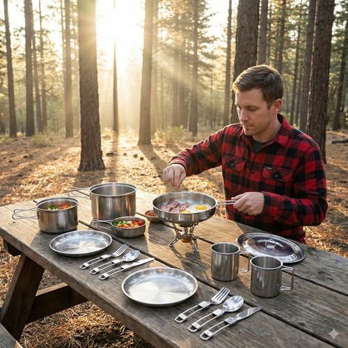 14-Piece Camping Cookware Set, 304 Stainless Steel Pots and Pans