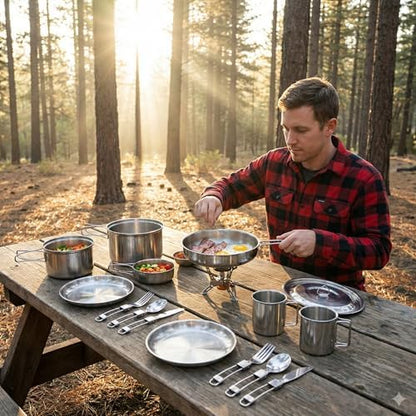 14-Piece Camping Cookware Set, 304 Stainless Steel Pots and Pans
