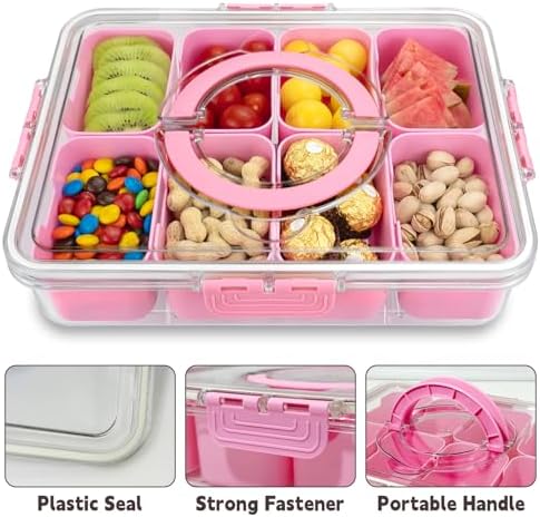 Divided Serving Tray with Lid and Handle, 8 Compartments Snack Box, Portable Platter for Candy Fruits Nuts, Snack Party Entertaining Picnic