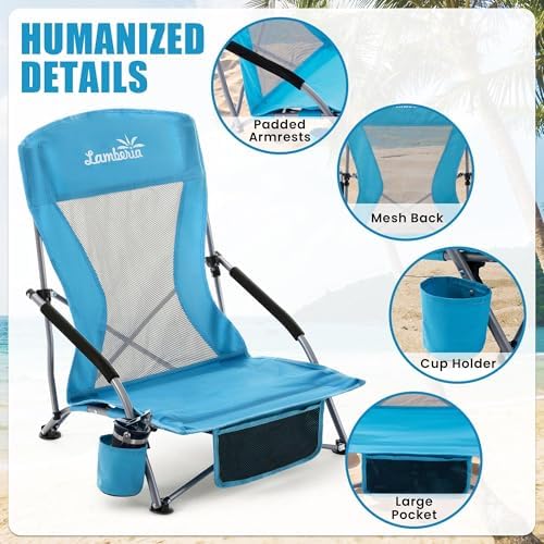 Lamberia Folding Beach Chair for Adults 2 Pack, Portable Low Beach Chairs with 300lbs Capacity, Lightweight Fodable Camping Chair for Travel, Picnic, Concert & Outdoor Activities, Blue