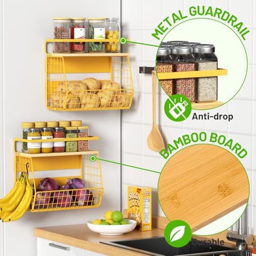 Magnetic Shelf for Fridge with Wood Lid, Fruit Potato and Onion Storage Bins, Pantry Organizers & Storage, Large Container Magnetic Spice Rack for Refrigerator, Kitchen Counter, Cabinet (Yellow, 1)