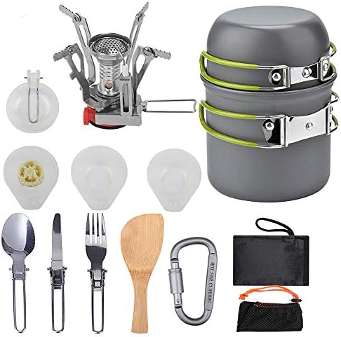 Peidesi Camping Cookware Mess Kit, Portable Camp Stove Pots and Pans Set, Carabiner, Folding Knife, Fork Spoon Kit, Carry Mesh Bag, for Backpacking