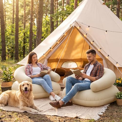 Novabright 2 Pcs Inflatable Chairs for Adults Blow Up Games Chairs Folding Portable Flocking Inflatable Sofa for Living Room Learning Camping Party (Beige)