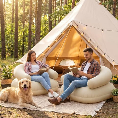 Novabright 2 Pcs Inflatable Chairs for Adults Blow Up Games Chairs Folding Portable Flocking Inflatable Sofa for Living Room Learning Camping Party (Beige)