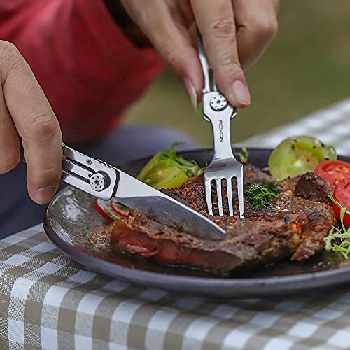 ROXON 3-in-1 Camping Utensils Set with Case (Knife, Spoon, Fork) Silver