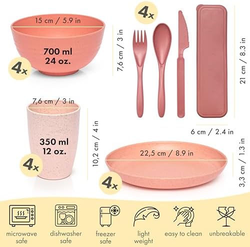FOODLE Wheat Straw Dinnerware Set - Non-Toxic Kids Plates and Bowls Sets
