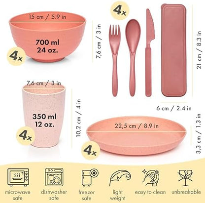 FOODLE Wheat Straw Dinnerware Set - Non-Toxic Kids Plates and Bowls Sets