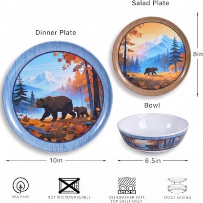 12-Piece Melamine Dinnerware Set for 4, Camping Dishes with Bear Design