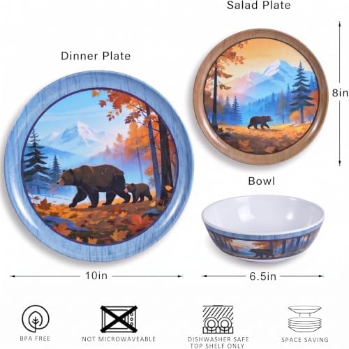 12-Piece Melamine Dinnerware Set for 4, Camping Dishes with Bear Design