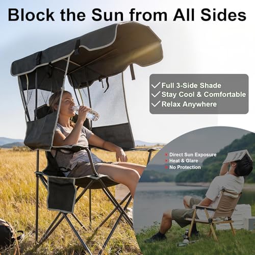 Romswi Large Folding Canopy Camping Chairs for Adult 2 Pack, Portable Outdoor Chairs with Sunshade,Cup Holder & Side Pocket for Camping, Fishing, Beach, Backyard, Black