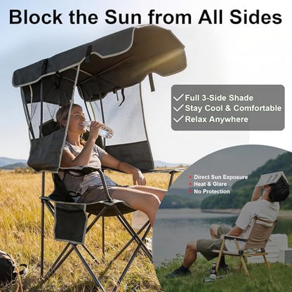Romswi Large Folding Canopy Camping Chairs for Adult 2 Pack, Portable Outdoor Chairs with Sunshade,Cup Holder & Side Pocket for Camping, Fishing, Beach, Backyard, Black