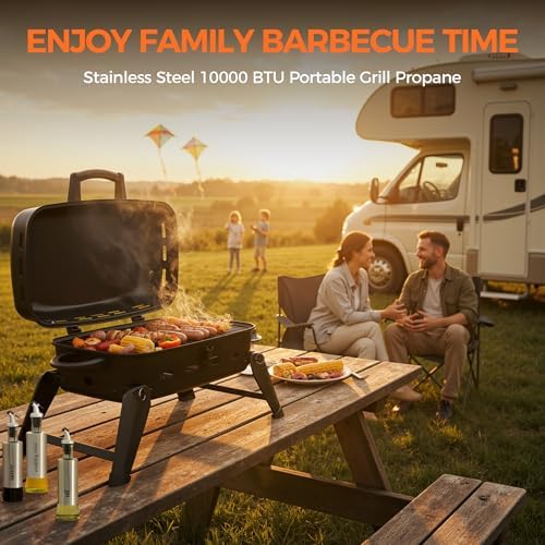 MASTER COOK 10,000 BTU Portable Gas Grill, Outdoor Compact Tabletop BBQ Small Propane Grill with Foldable Legs for RV, Hiking, Camping, Patio, Tailgating