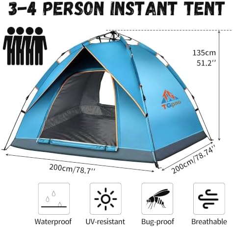 Quick Set Up Waterproof 4-Person Camping Tent with Bug Netting - Instant Pop-Up Tent for Family Camping & Hiking | All-Weather 4-Season Outdoor Shelter