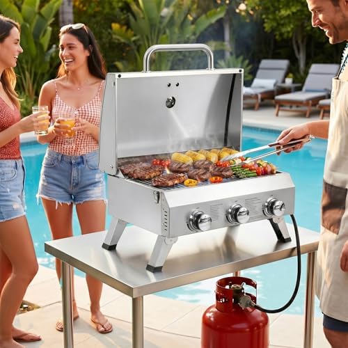 Bonnlo 3 Burner Portable Gas Grill, 30,000 BTU Tabletop Camping Grill with Ignition & Lockable Lid, Stainless Steel Propane Grill with Foldable Legs & Thermometer for Outdoor Patio BBQ RV Use