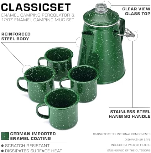 COLETTI Classic Enamel Set Coffee Percolator & Mugs — The Most Nostalgic Camping Coffee Pot, Now Modernized [Green Enamel, 12 Cup Percolator Coffee Pot & Set of 4 Mugs]