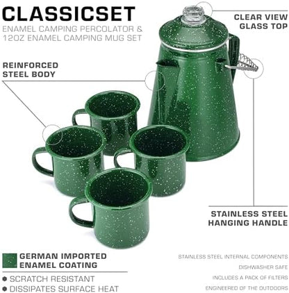 COLETTI Classic Enamel Set Coffee Percolator & Mugs — The Most Nostalgic Camping Coffee Pot, Now Modernized [Green Enamel, 12 Cup Percolator Coffee Pot & Set of 4 Mugs]
