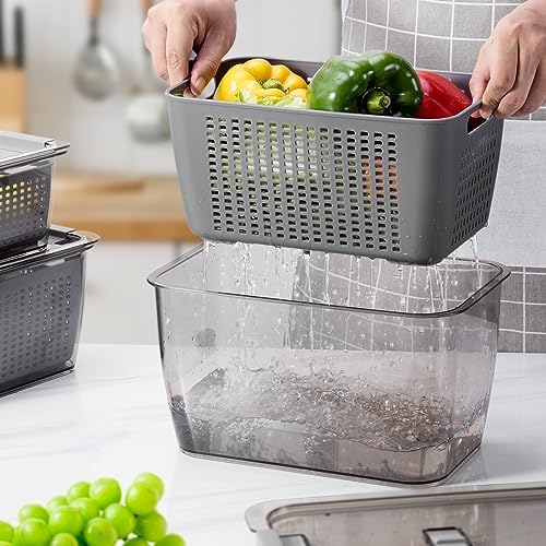 LUXEAR 4 Pack Fruit Containers for Fridge, Vegetable Storage Container with Lids &Removable Colander Produce Saver Organizer for Refrigerator Keep Fruit, Veggie, Berry, Meat Fresh Longer-Grey