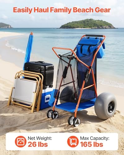 VEVOR Beach Cart with Large Wheels for Sand, 165 lbs Load Capacity, Heavy Duty Folding Beach Wagon with 12" Balloon Wheels, Insulated Cooler Bag, Umbrella Holder, Holds 4 Chairs for Camping & Fishing