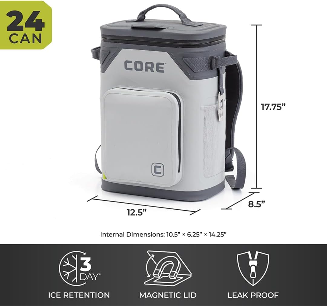 CORE Magnetic Leak Proof Soft Cooler with Waterproof Zipper | Insulated Bag Portable Ice Chest Box | Best Soft Cooler for Food & Beverages for Tailgating, Car Camping, Travel, and Family Beach Picnics
