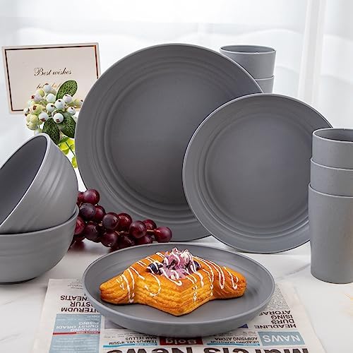 Supernal 32 Pcs Dark Grey Wheat Straw Dinnerware Sets For RV And Dorm Room