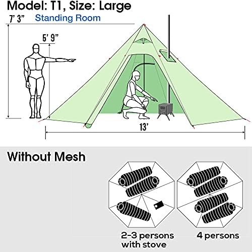 4 Persons 5lb Lightweight Tipi Hot Tents with Stove Jack, 7'3" Standing Room, Teepee Tent for Hunting Family Team Backpacking Camping Hiking