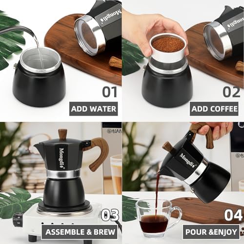 Mongdio Stovetop Espresso Maker Moka Pot, Cuban Coffee Maker Stove top coffee maker Moka Italian Espresso Greca Coffee Maker Brewer Percolator, 3 Espresso Cups, 5 oz - Black