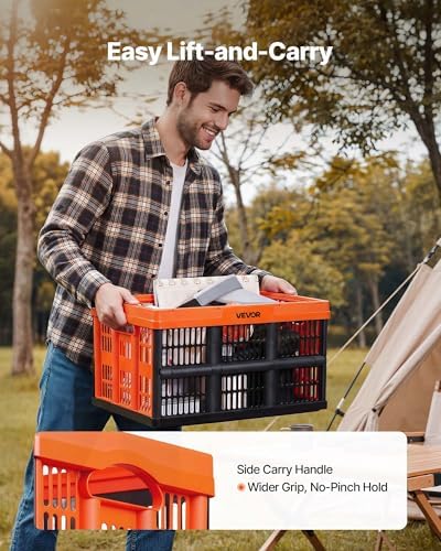 VEVOR Plastic Collapsible Storage Bins, 45L 6 Packs, Stackable Folding Storage Crates with Handles, Holds 33 lbs Per Bin, Foldable Heavy Duty Containers, Space-Saving Baskets, for Home Organizing